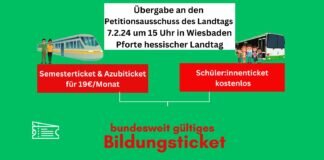 Aufruf zur Teilnahme am 07.02. – Petitionsübergabe bundesweit gültiges Bildungsticket an den Hess. Landtag in Wiesbaden am 07.02.2024