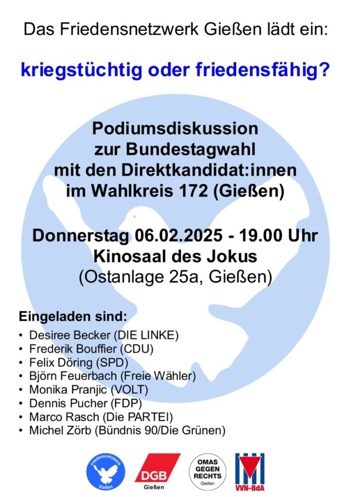 Flyer Podiumsdiskussion Friedensnetzewerk zur BTW 2025_final